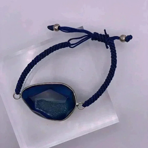 Druzy Natural Blue Agate Macrame Braided Adjustable Bracelet - Picture 5 of 5